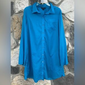 Land End Button Up Shirt Dress Sz L Blue 100% Cotton Beachy Casual Preppy Resort